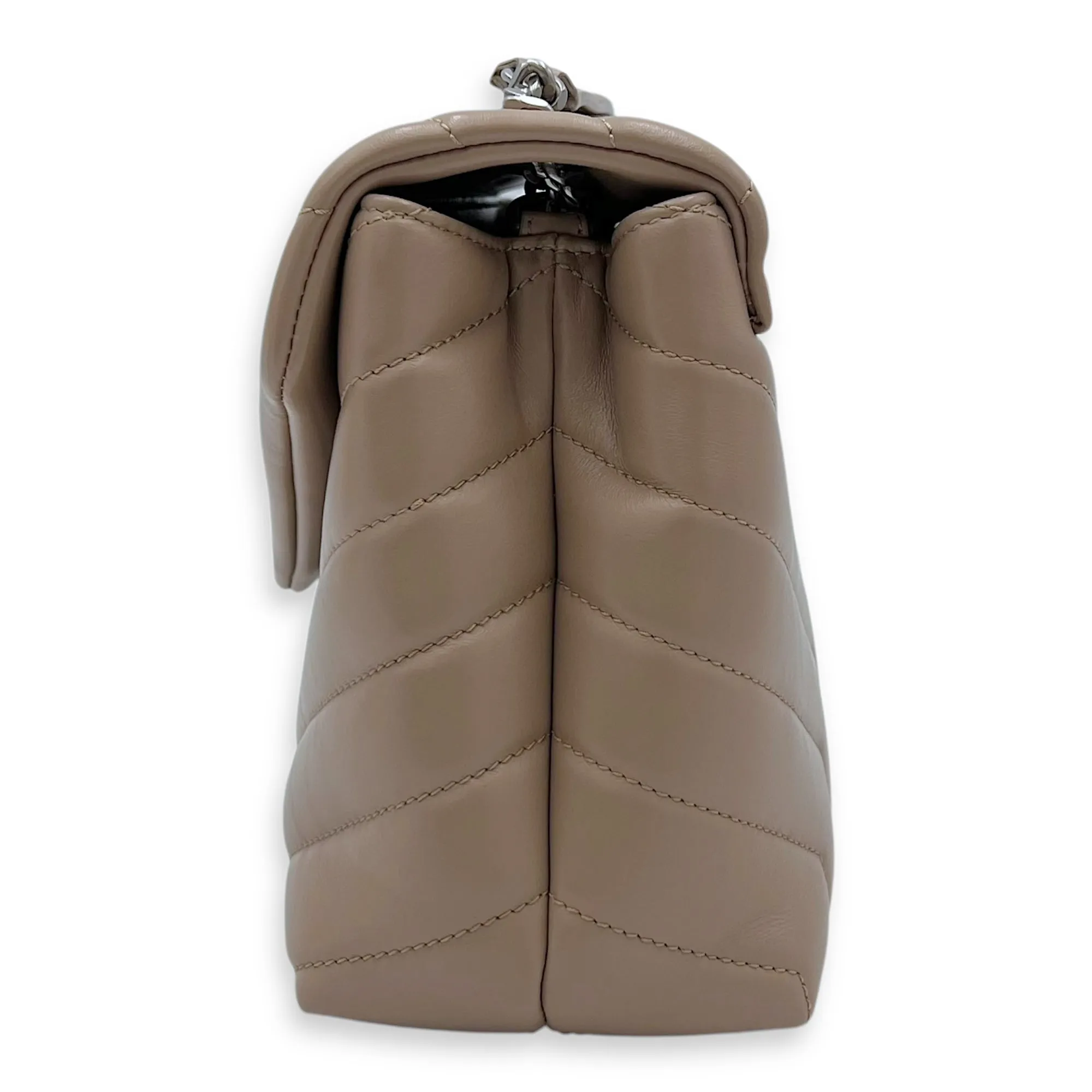 Loulou Small Beige Shoulder Bag in Calfskin, Silver hardware