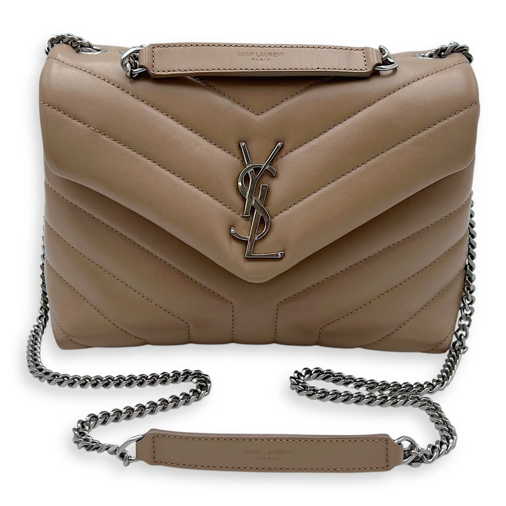 Loulou Small Beige Shoulder Bag in Calfskin, Silver hardware
