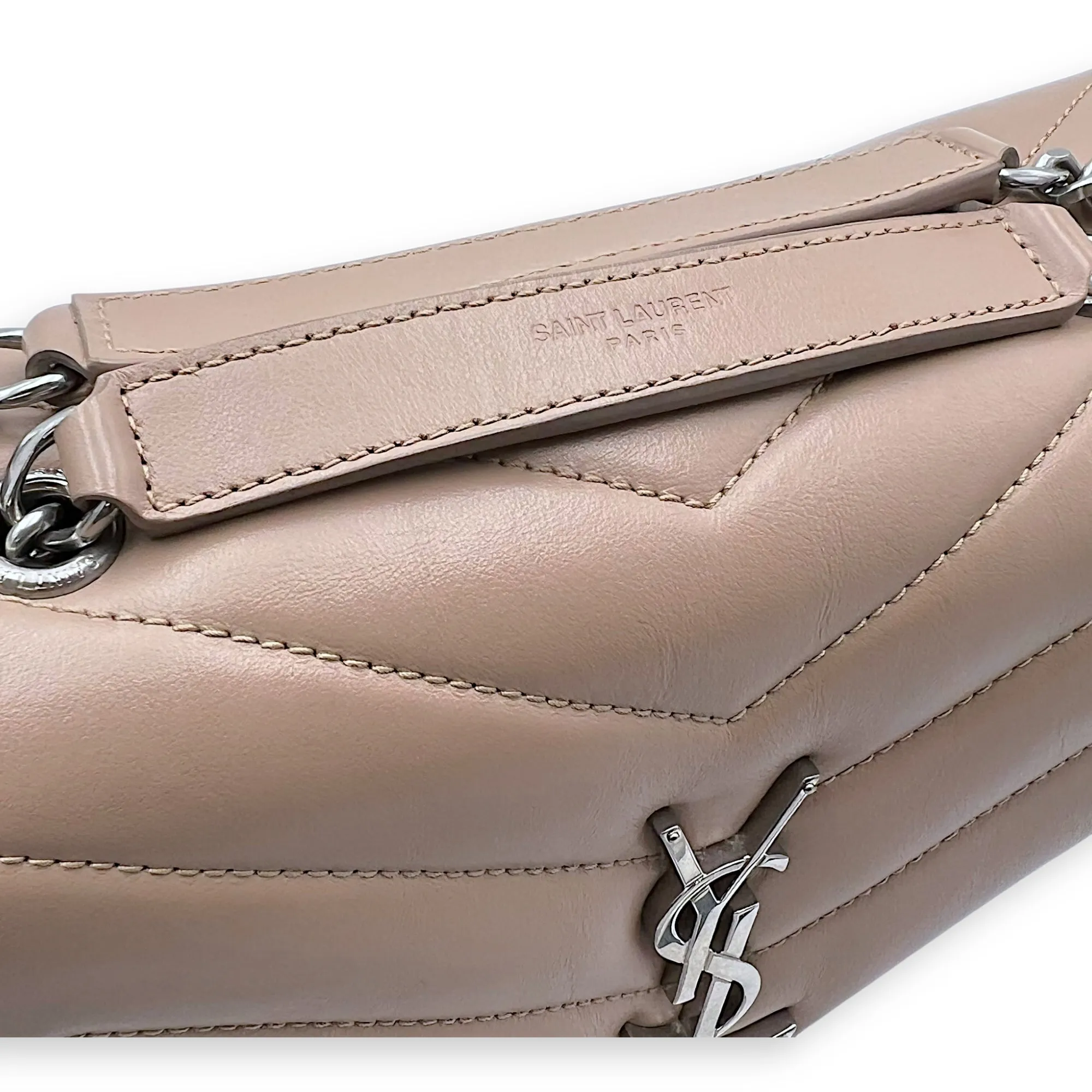 Loulou Small Beige Shoulder Bag in Calfskin, Silver hardware