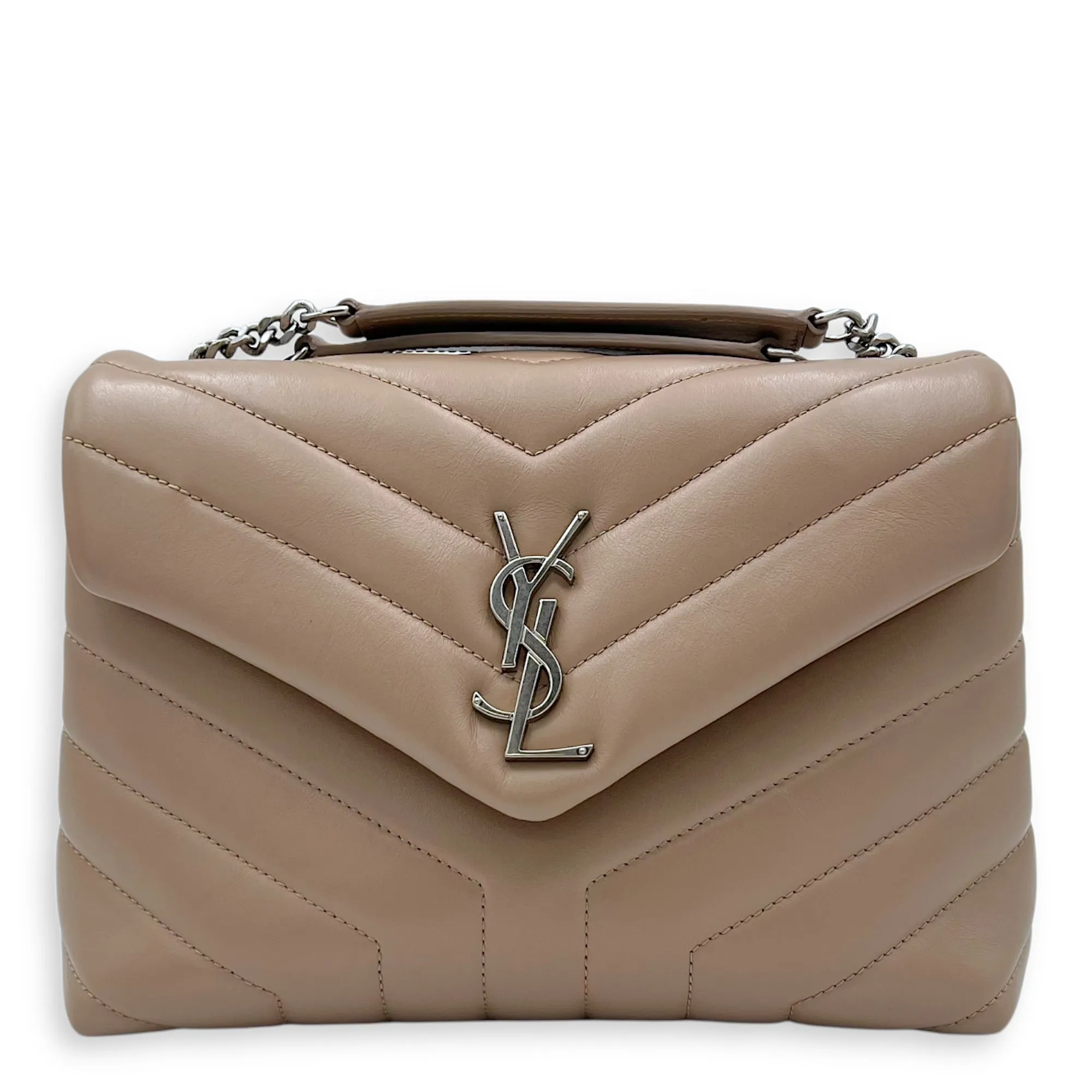 Loulou Small Beige Shoulder Bag in Calfskin, Silver hardware