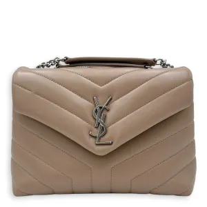 Loulou Small Beige Shoulder Bag in Calfskin, Silver hardware