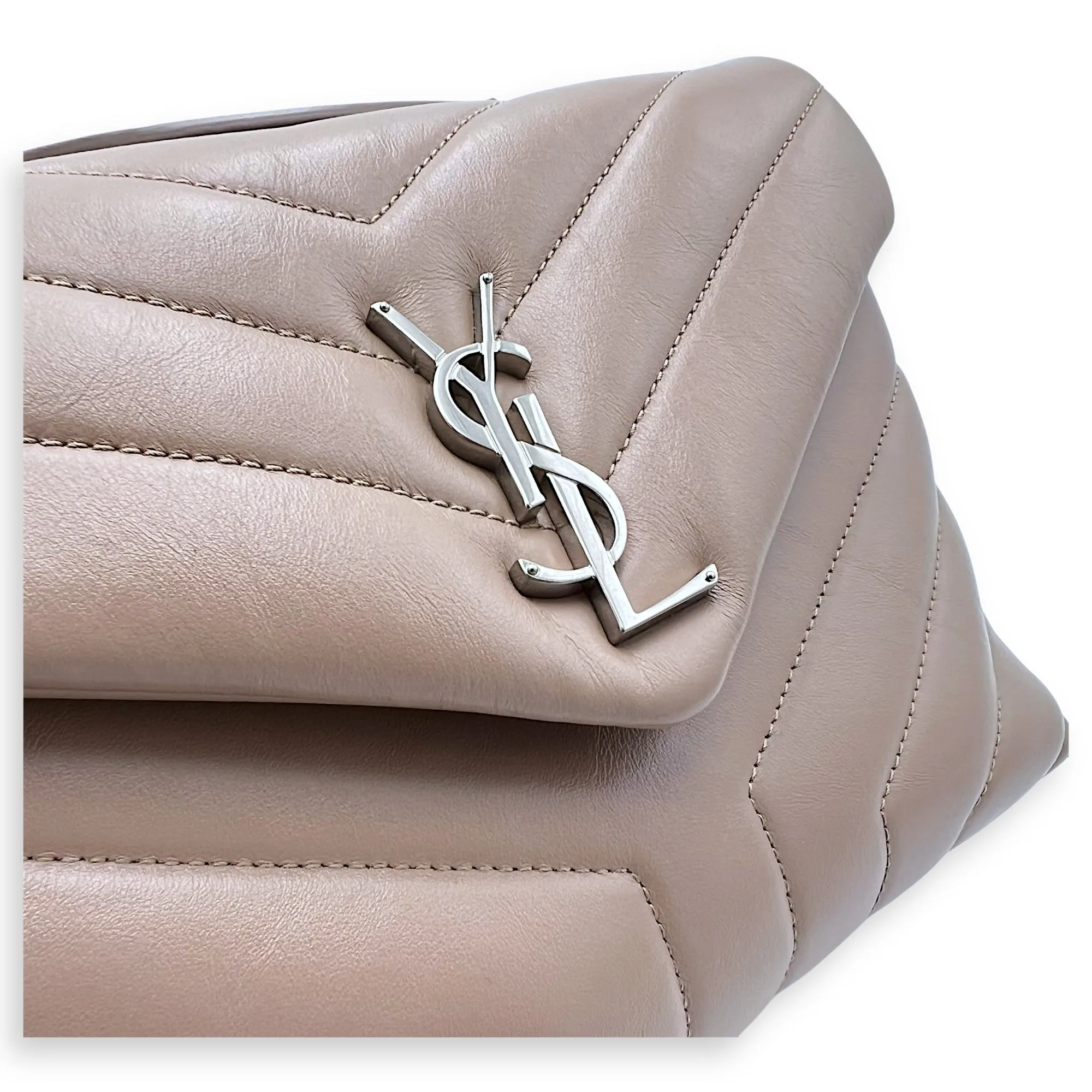 Loulou Small Beige Shoulder Bag in Calfskin, Silver hardware