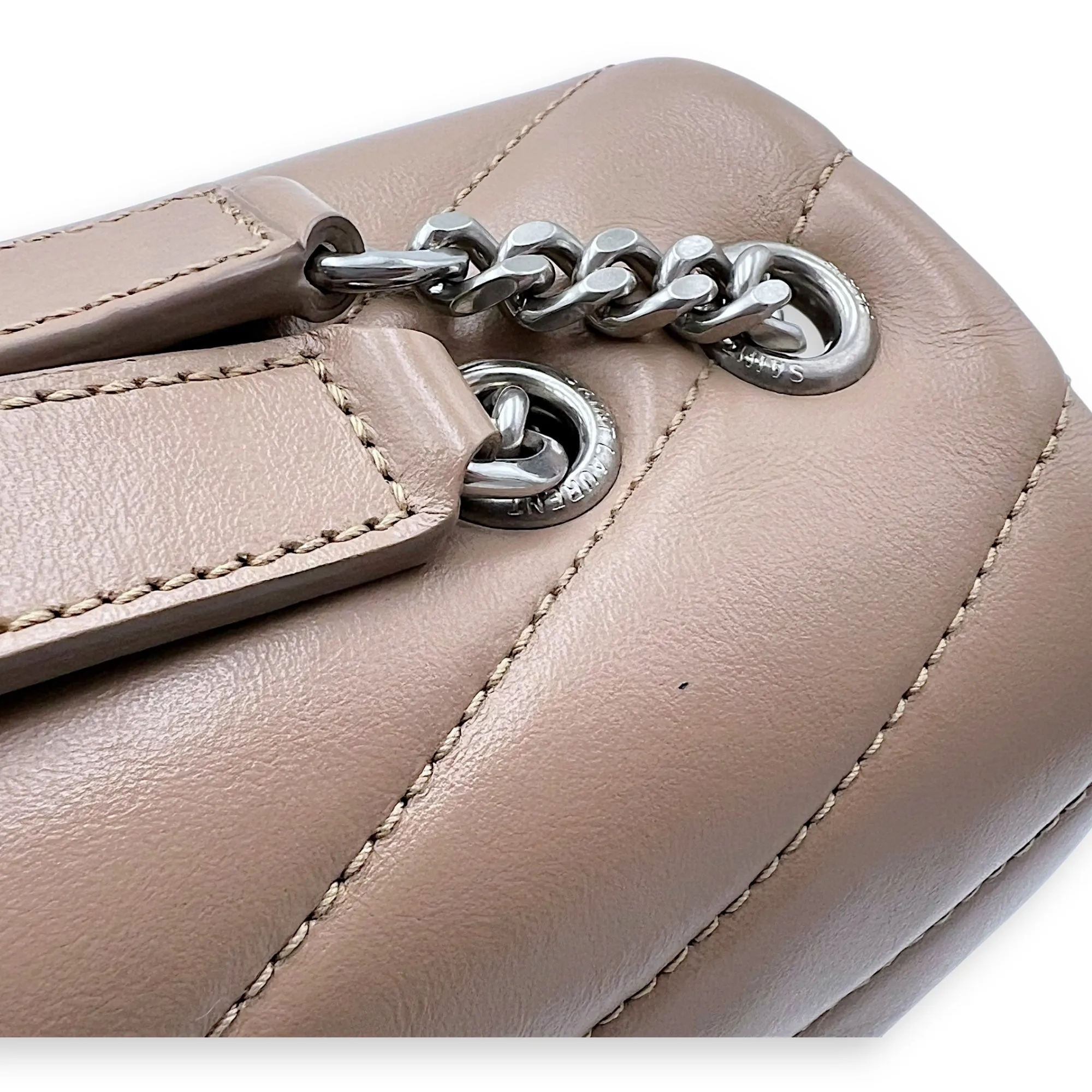 Loulou Small Beige Shoulder Bag in Calfskin, Silver hardware