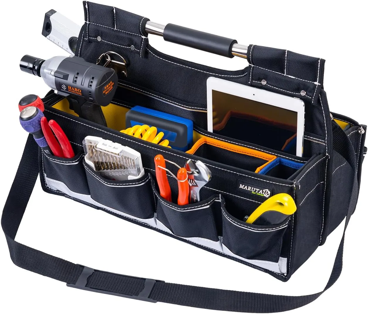 MARUTAI 20in Open Top Tool Bag, Tool Tote Bag with Handle19 Pockets Large Foldable Tool Bag Organizer Tools Bags for Men Heavy Duty for Electricians, Plumbers