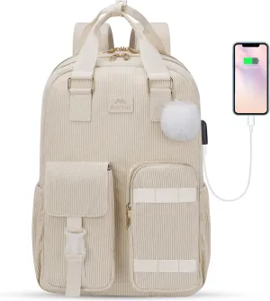 MATEIN Laotop Backpack for Women, Cute 15.6 Inch School Backpack for Girls Corduroy College Computer Bookbag with USB Charging Port, Aesthetic TSA Lightweight Back Pack for Student Nurse, Beige