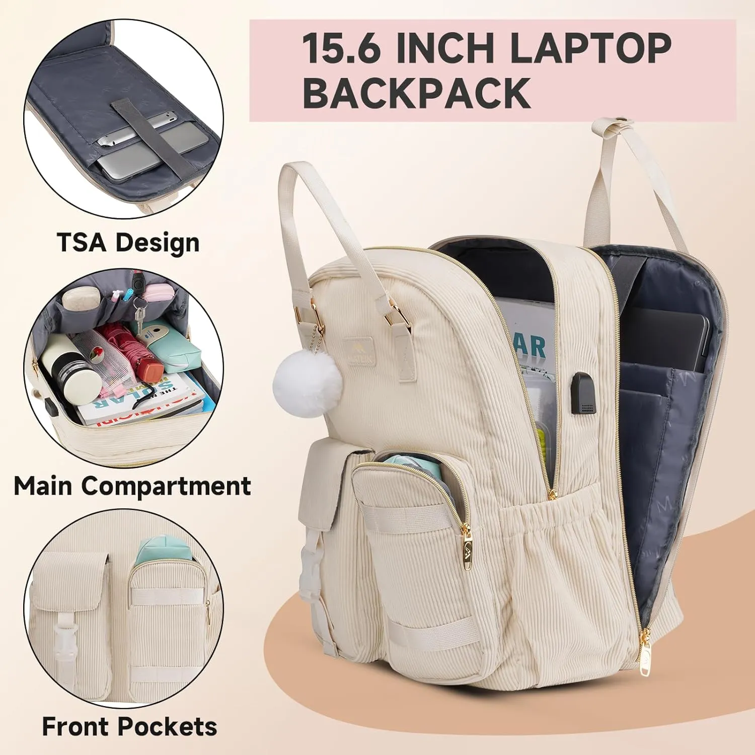 MATEIN Laotop Backpack for Women, Cute 15.6 Inch School Backpack for Girls Corduroy College Computer Bookbag with USB Charging Port, Aesthetic TSA Lightweight Back Pack for Student Nurse, Beige