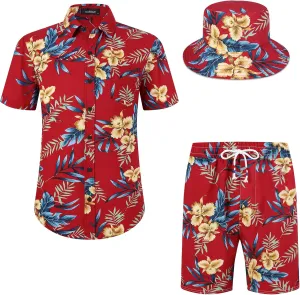 MCEDAR Men's Hawaiian Shirt and Short 2 Piece Vacation Outfits Sets Casual Button Down Beach Floral Suits with Bucket Hats