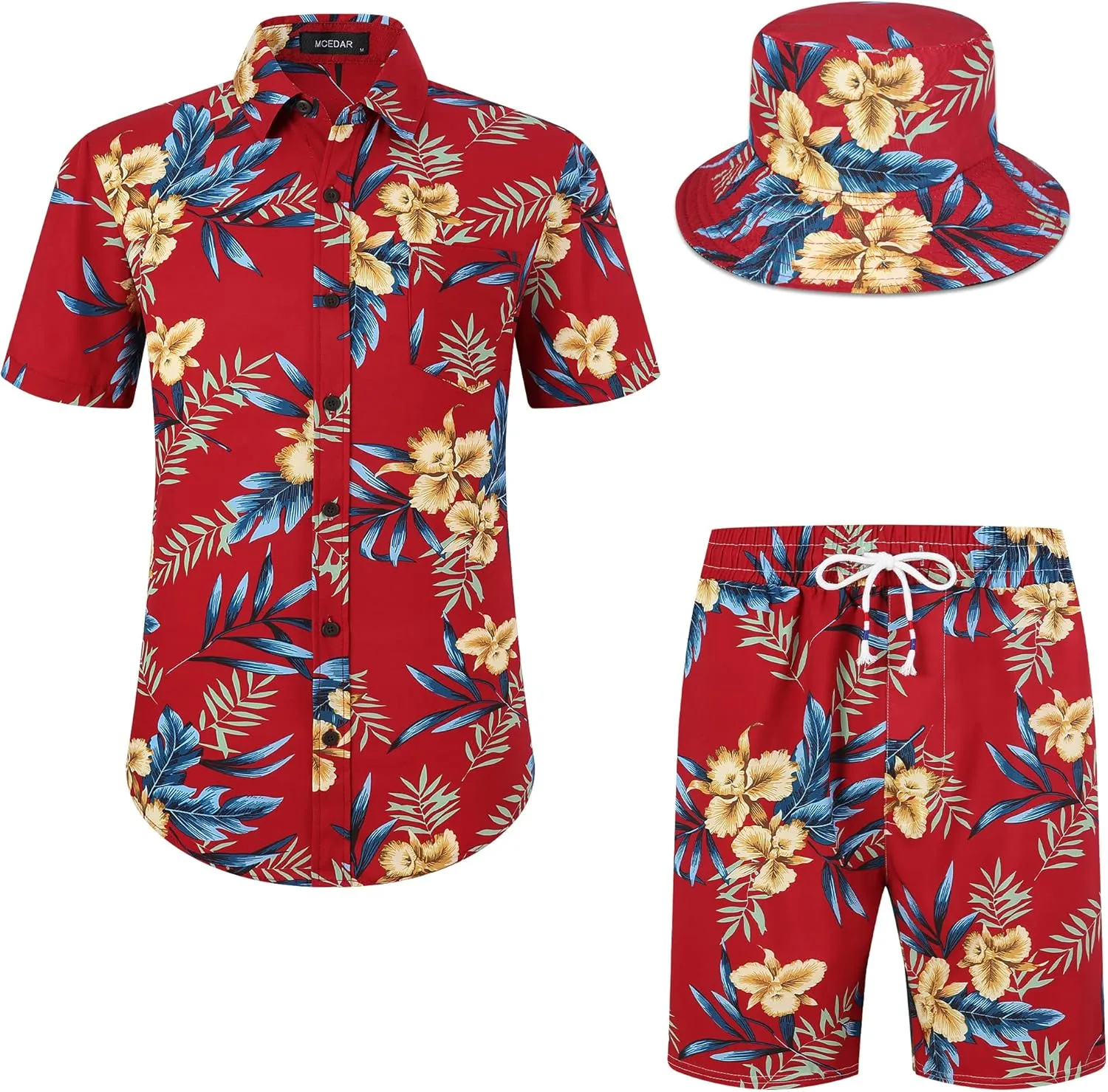 MCEDAR Men's Hawaiian Shirt and Short 2 Piece Vacation Outfits Sets Casual Button Down Beach Floral Suits with Bucket Hats