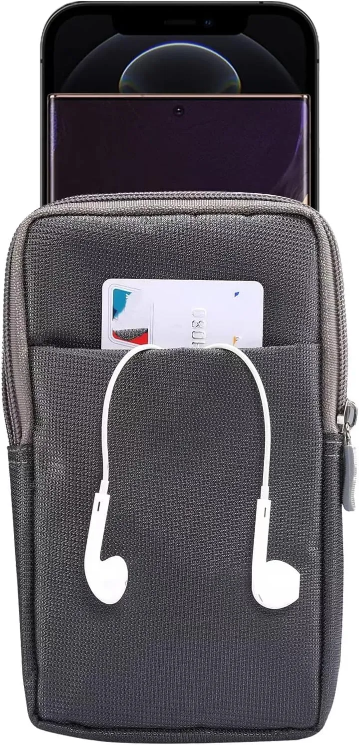 Multifunction Dual Phone Holster Men, Nylon Cell Phone Case Holder Mens Belt Pouch Loop/Clip, Smartphone Belt Wallet Purse 2 Zipper Pockets Compatible with iPhone 14 Pro Max Case 13 Pro Max, Black