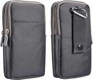 Multifunction Dual Phone Holster Men, Nylon Cell Phone Case Holder Mens Belt Pouch Loop/Clip, Smartphone Belt Wallet Purse 2 Zipper Pockets Compatible with iPhone 14 Pro Max Case 13 Pro Max, Black