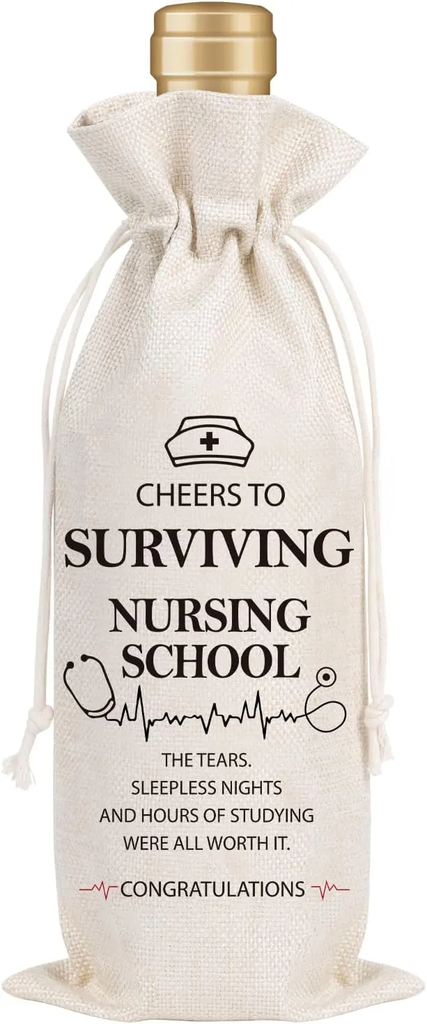 Nurse Gift Wine Bag - Nursing Graduation Gifts for Women Men Nursing School Graduates Gift for Student Cheers To Surviving Nursing School Wine Bag Nurse Week Birthday Appreciation Gifts