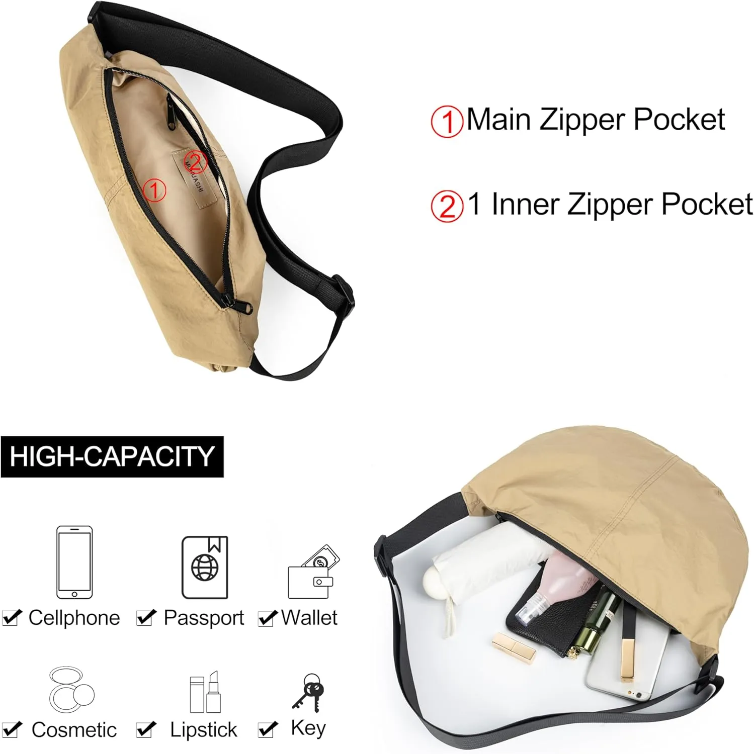 Nylon Crossbody Bag For Women Men Casual Lightweight Crescent Shoulder Hobo Purse With Wide Adjustable Strap