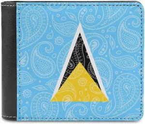 Paisley and Saint Lucia Flag Mens Bifold Wallet Single-Sided Printed Slim 6 Card Holders Purse Leather Money Clip