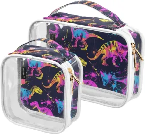 panksolu Clear Toiletry Bag with Handle Neon Pattern with Funny Dinosaurs PVC Waterproof Makeup Bags for Women Men Traveling Clear Travel Pouch Cosmetic Bags,2 Pack