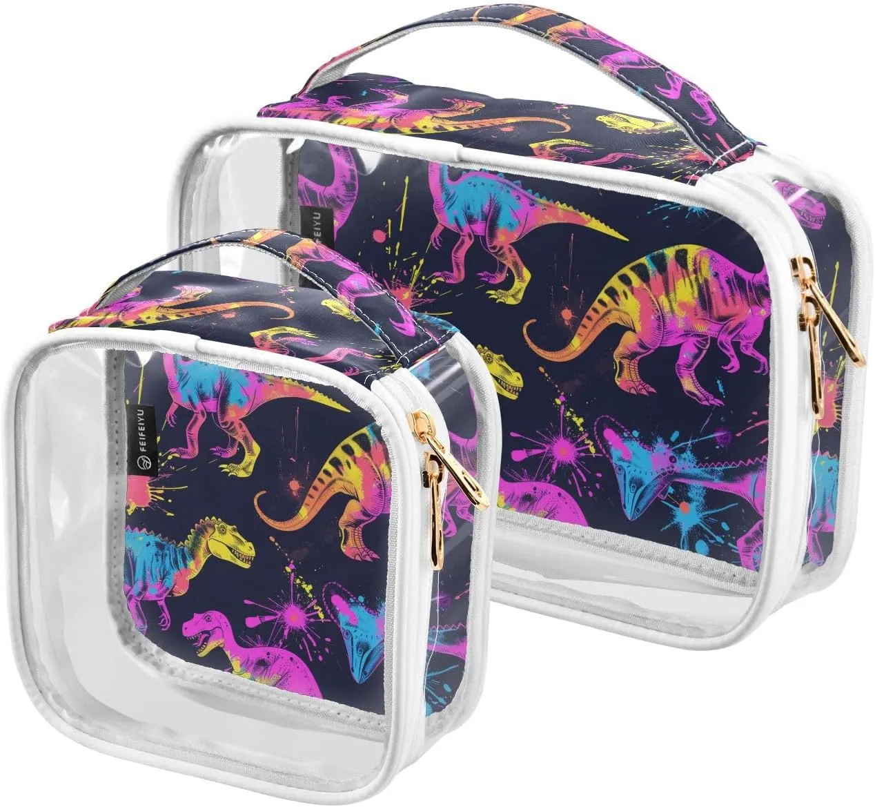 panksolu Clear Toiletry Bag with Handle Neon Pattern with Funny Dinosaurs PVC Waterproof Makeup Bags for Women Men Traveling Clear Travel Pouch Cosmetic Bags,2 Pack