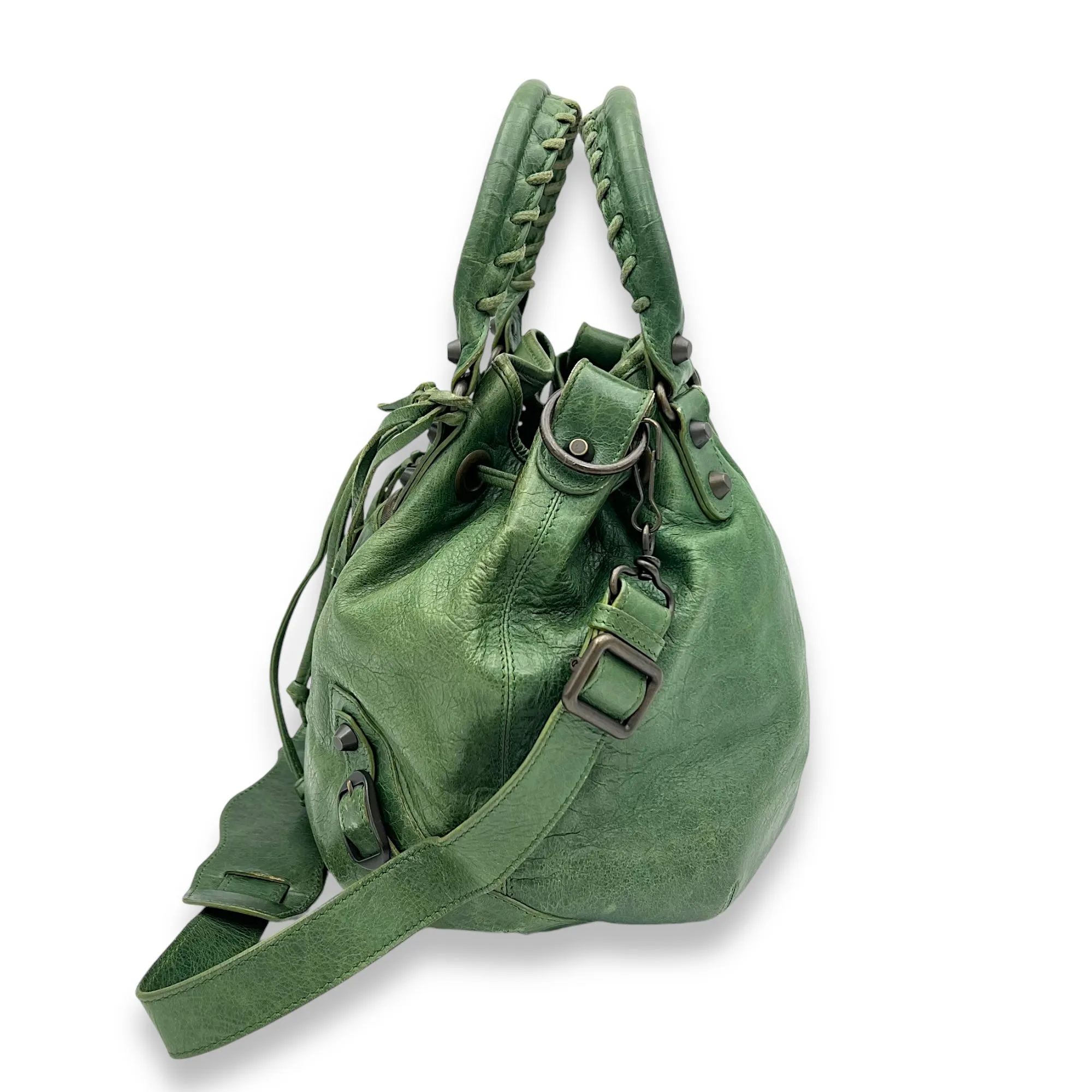 PomPon Small Green Top Handle Bag in Distressed Leather, Brushed Gold hardware