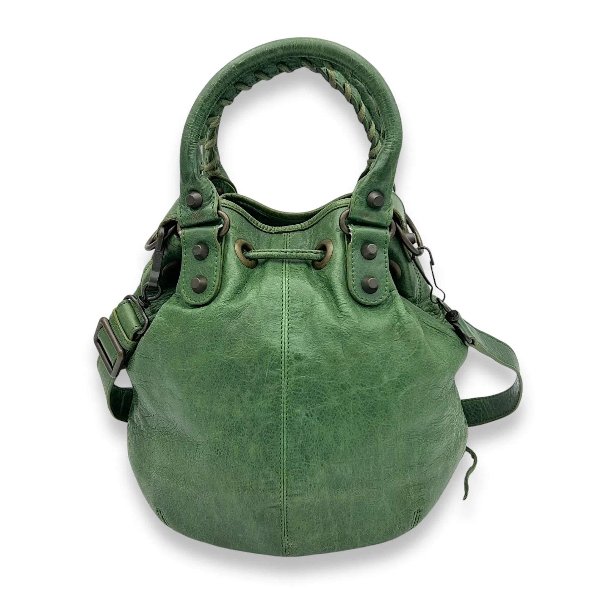 PomPon Small Green Top Handle Bag in Distressed Leather, Brushed Gold hardware