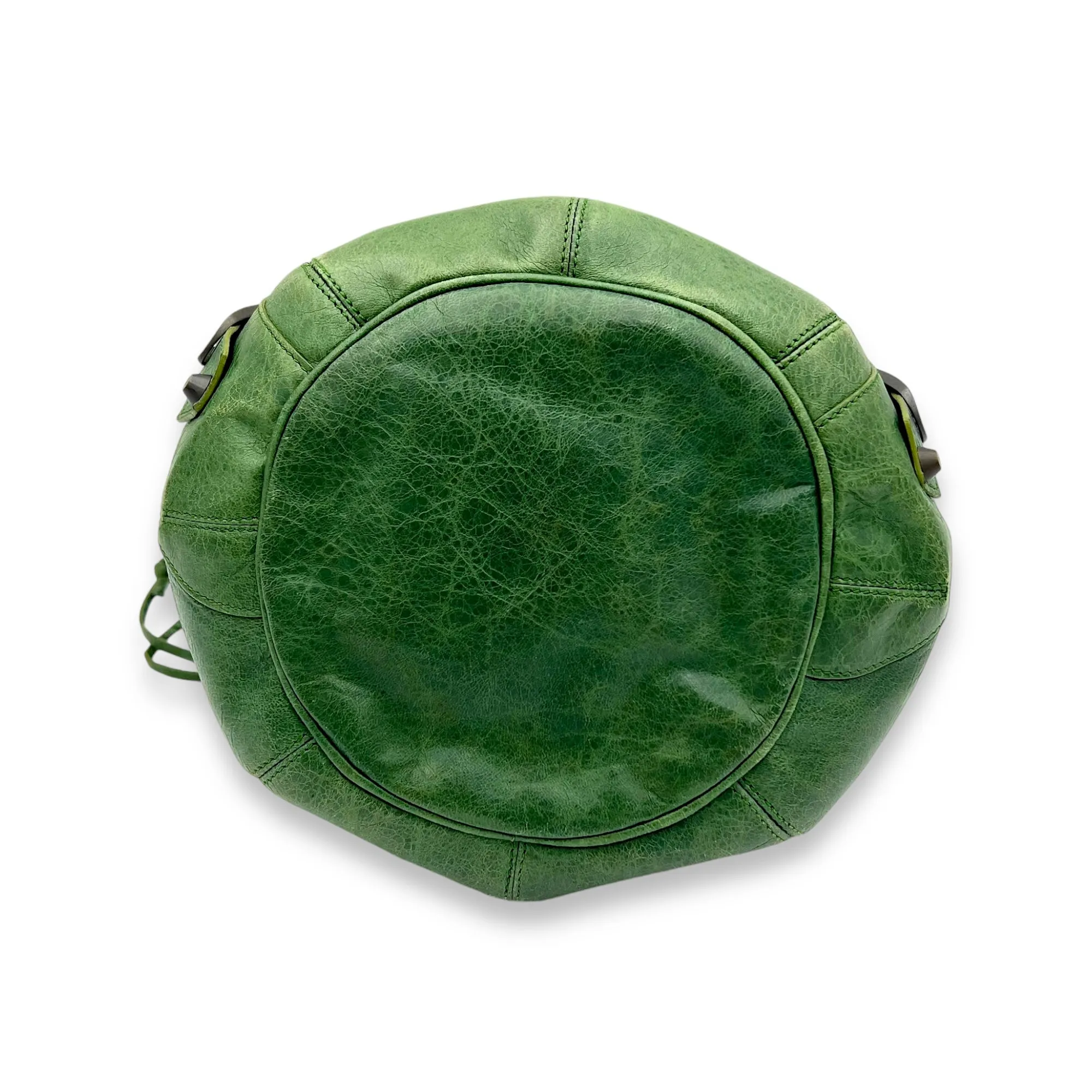 PomPon Small Green Top Handle Bag in Distressed Leather, Brushed Gold hardware