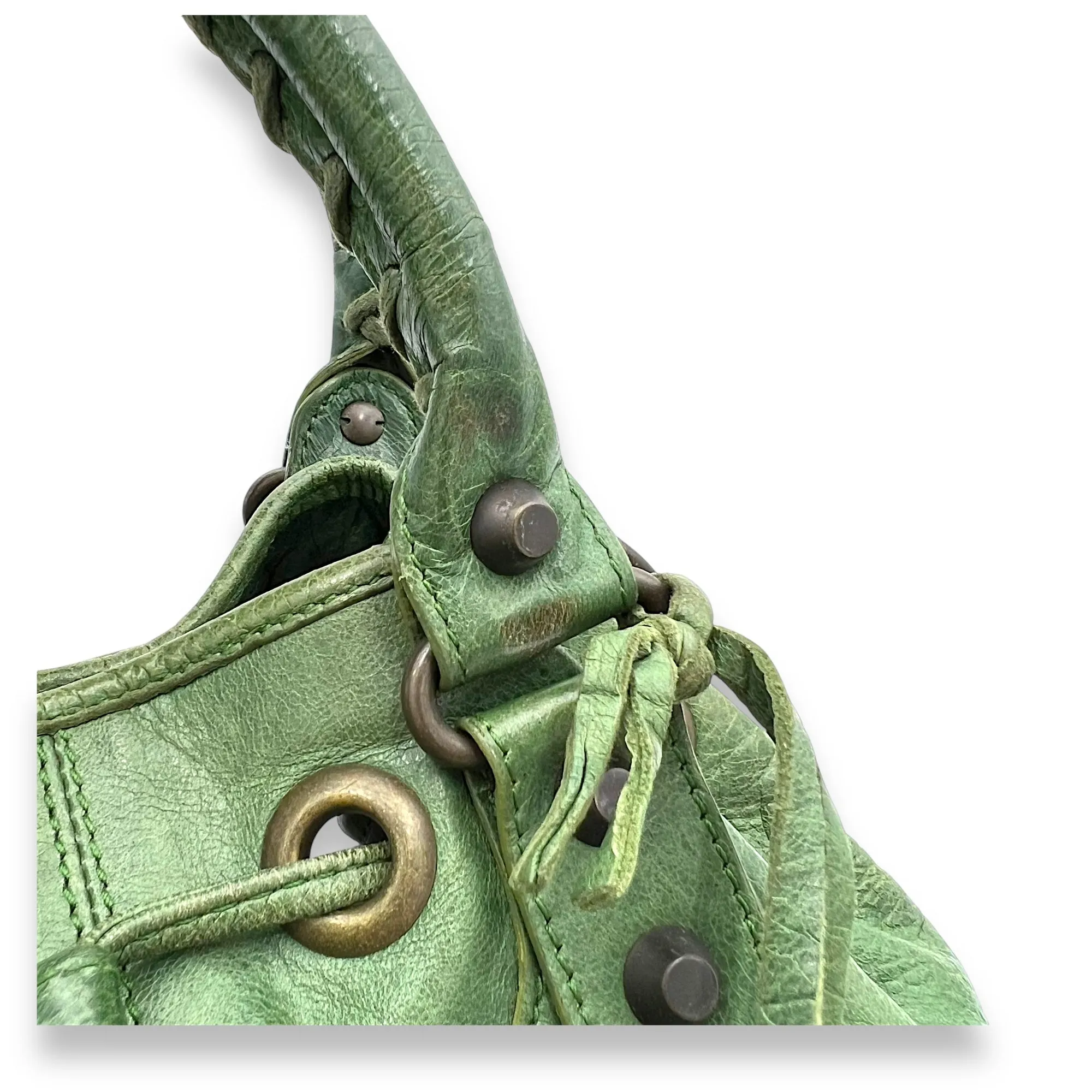 PomPon Small Green Top Handle Bag in Distressed Leather, Brushed Gold hardware