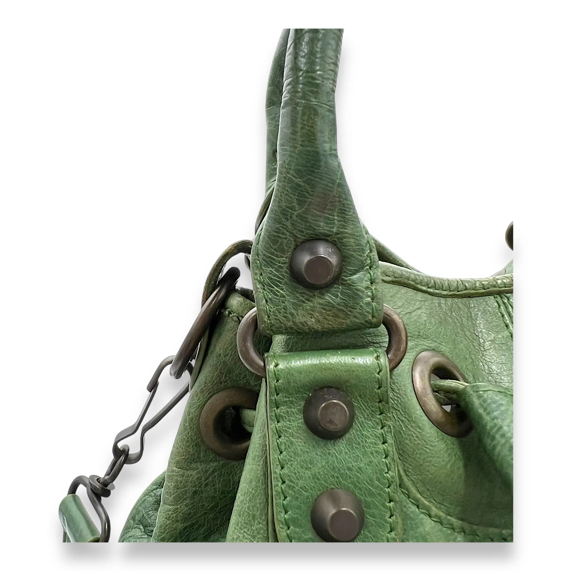 PomPon Small Green Top Handle Bag in Distressed Leather, Brushed Gold hardware