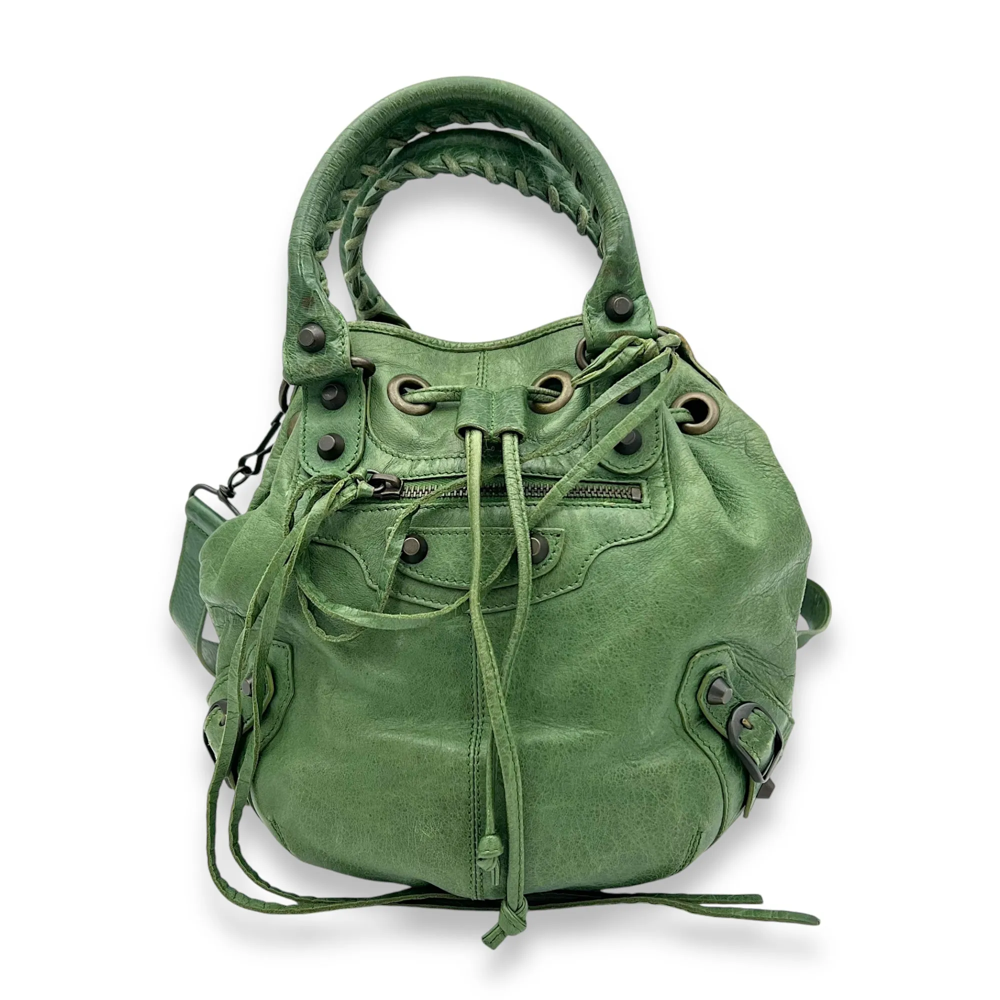 PomPon Small Green Top Handle Bag in Distressed Leather, Brushed Gold hardware