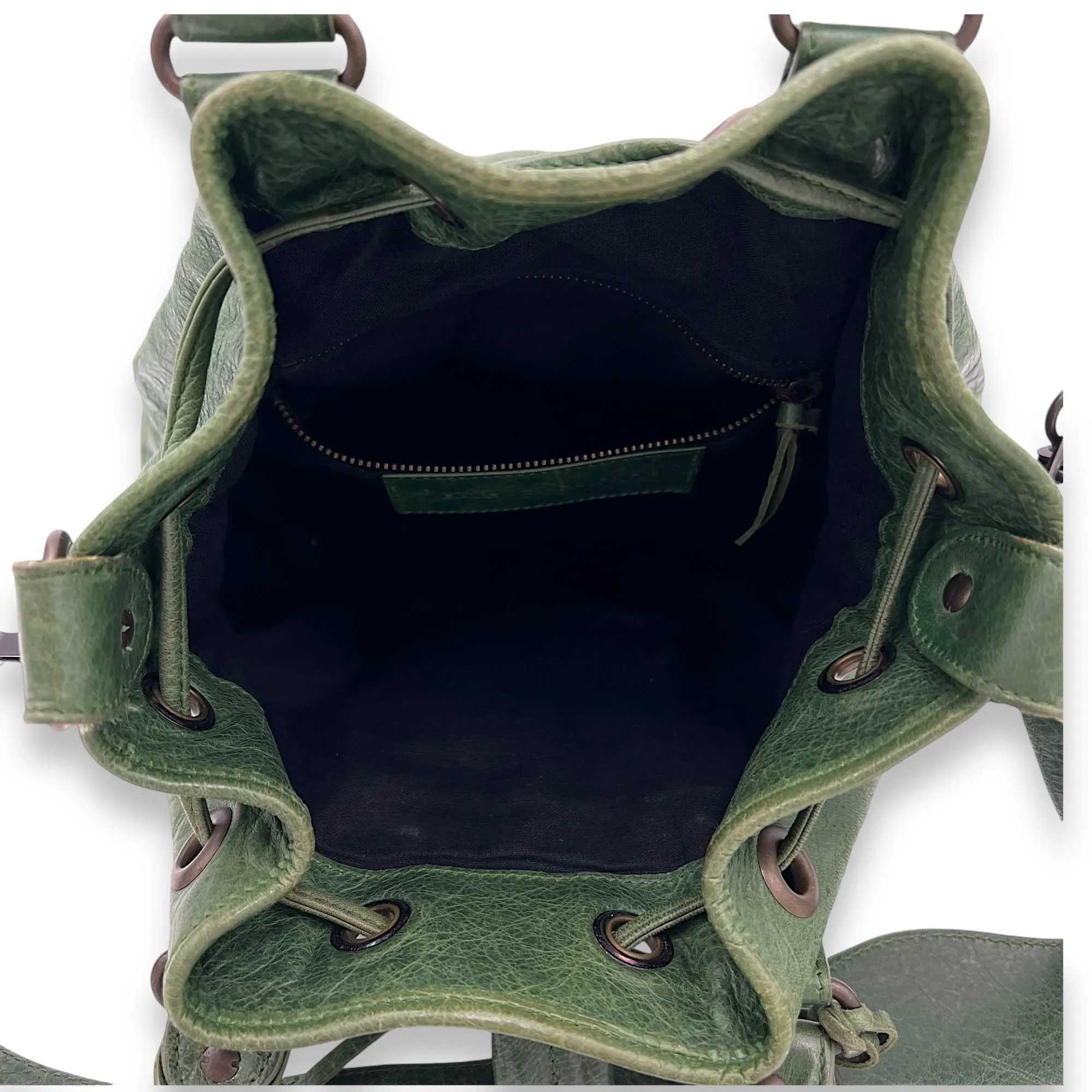 PomPon Small Green Top Handle Bag in Distressed Leather, Brushed Gold hardware