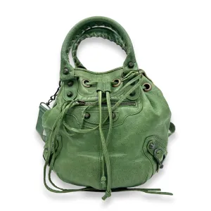 PomPon Small Green Top Handle Bag in Distressed Leather, Brushed Gold hardware