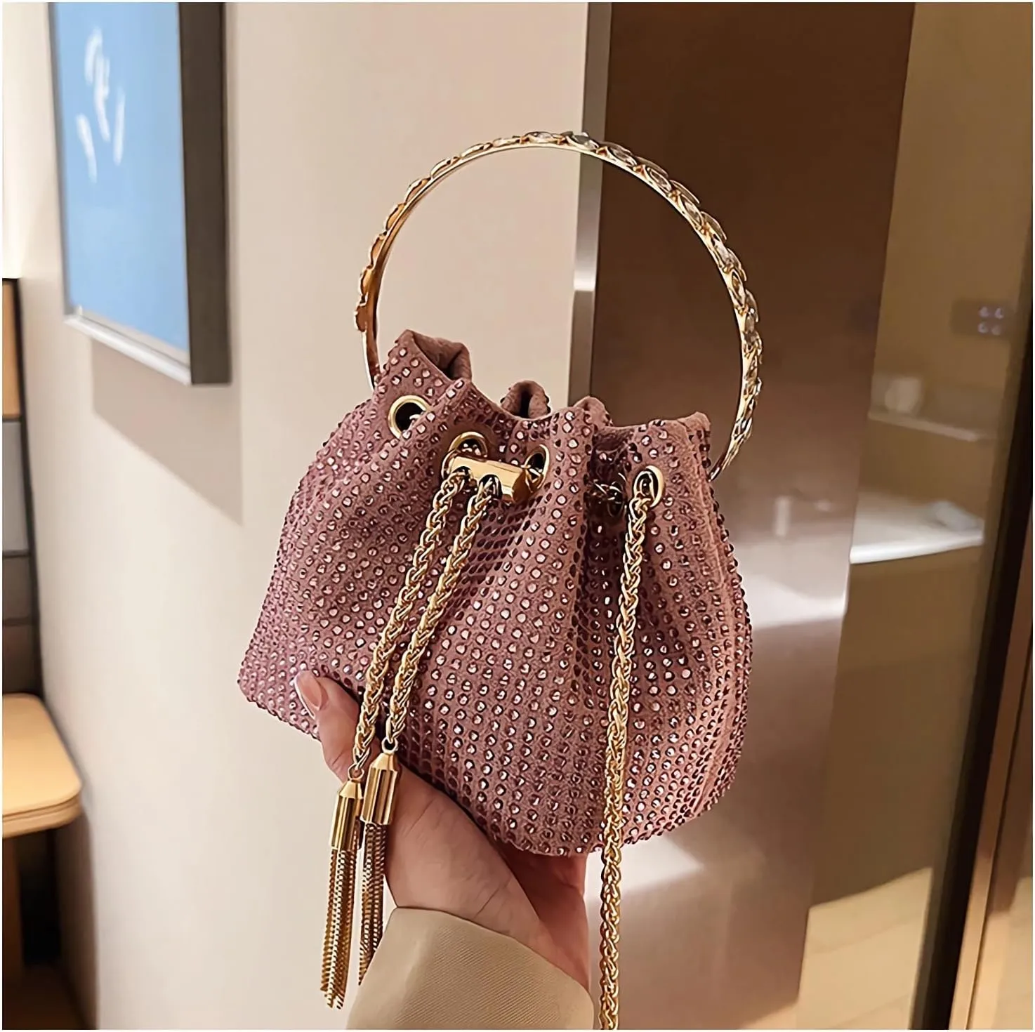 Rhinestone Evening Clutch for Women Bling Sparkly Crystal Drawstring Bucket Bag Crossbody Bag for Wedding Party Prom