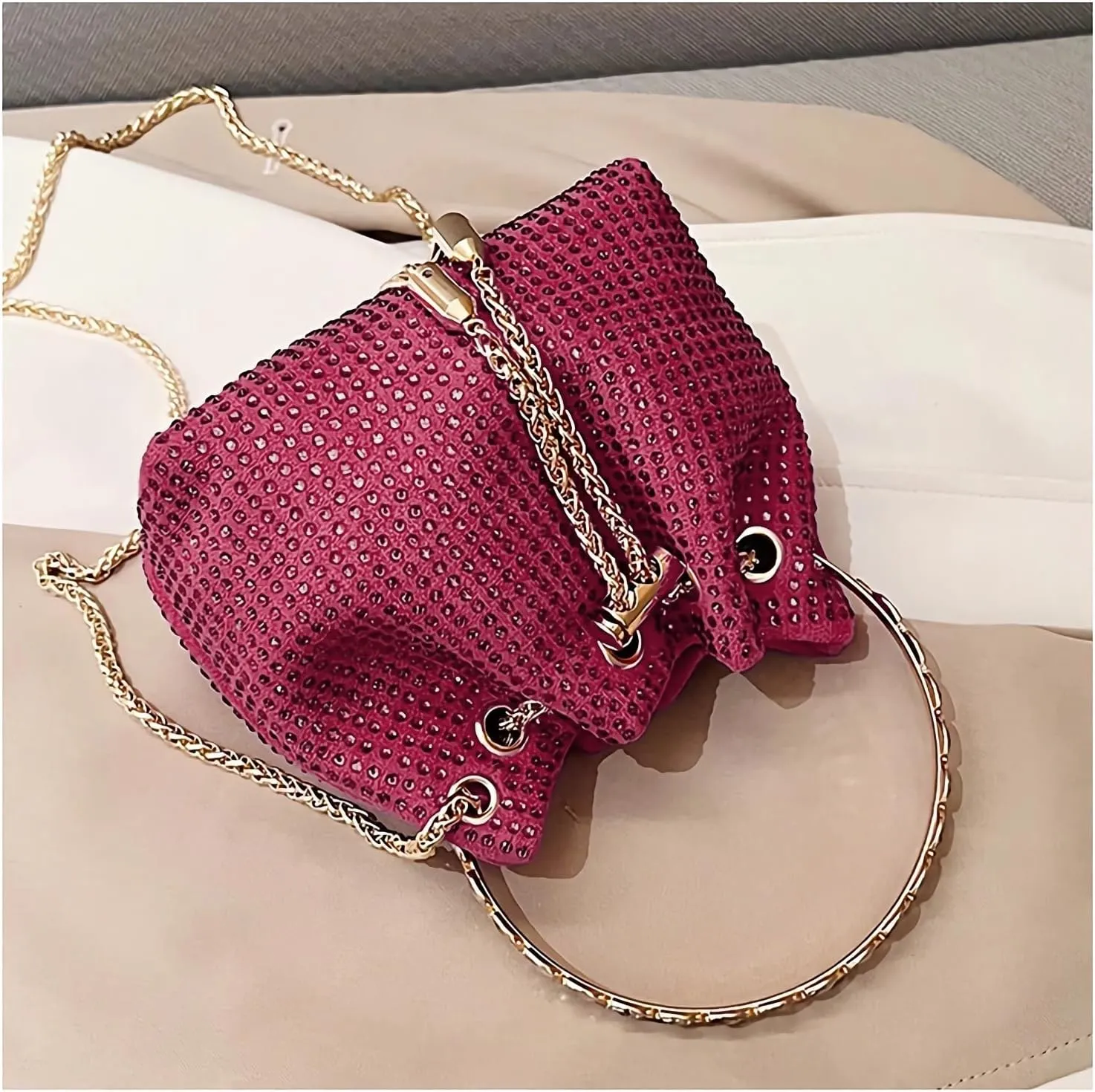 Rhinestone Evening Clutch for Women Bling Sparkly Crystal Drawstring Bucket Bag Crossbody Bag for Wedding Party Prom