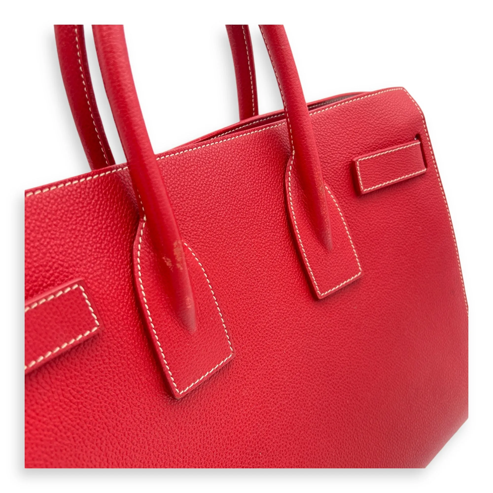 Sac 2 Jours Top handle Bag Small Red in Calfskin , Silver Hardware