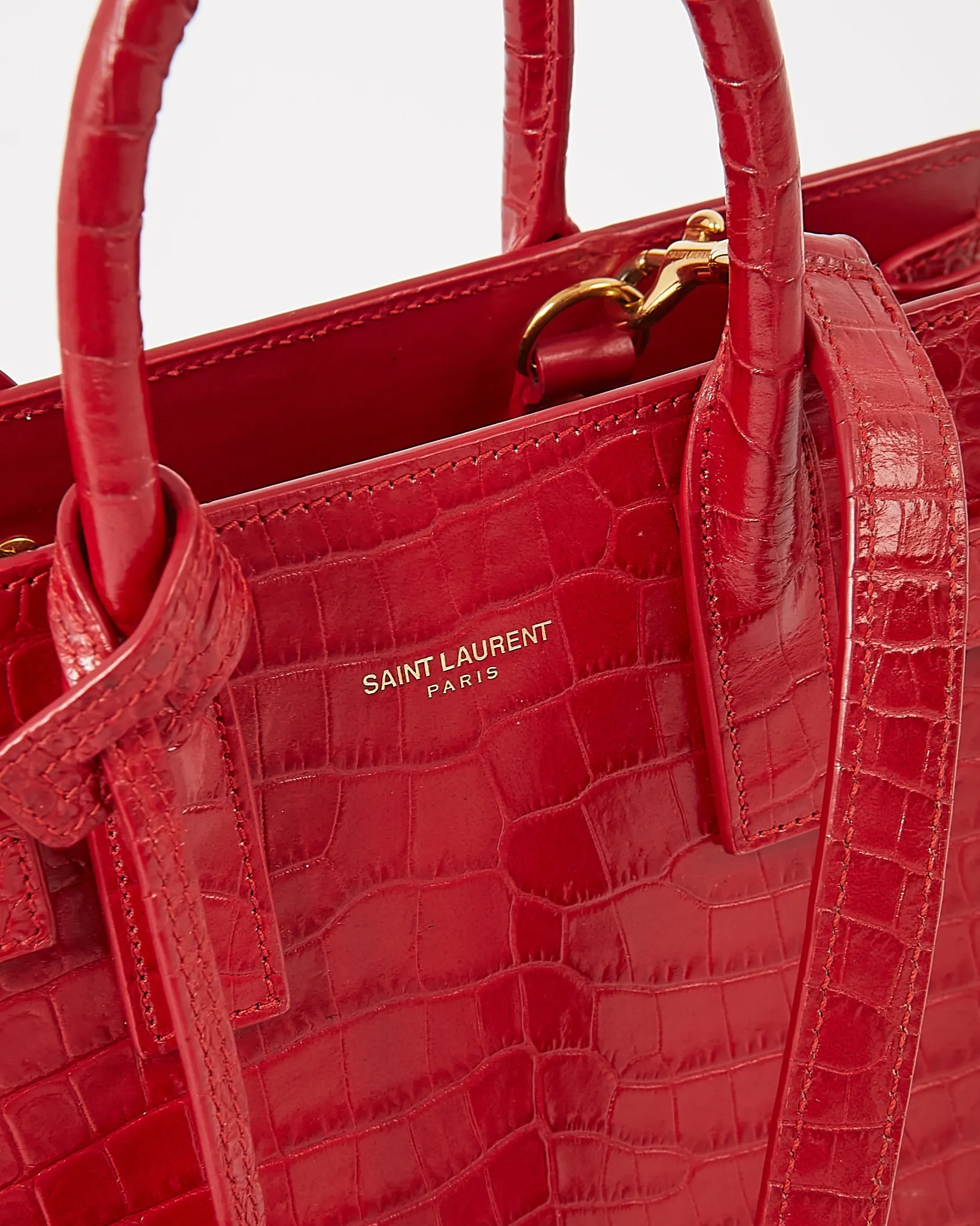 Saint Laurent Red Croc Embossed Nano Sac de Jour Bag