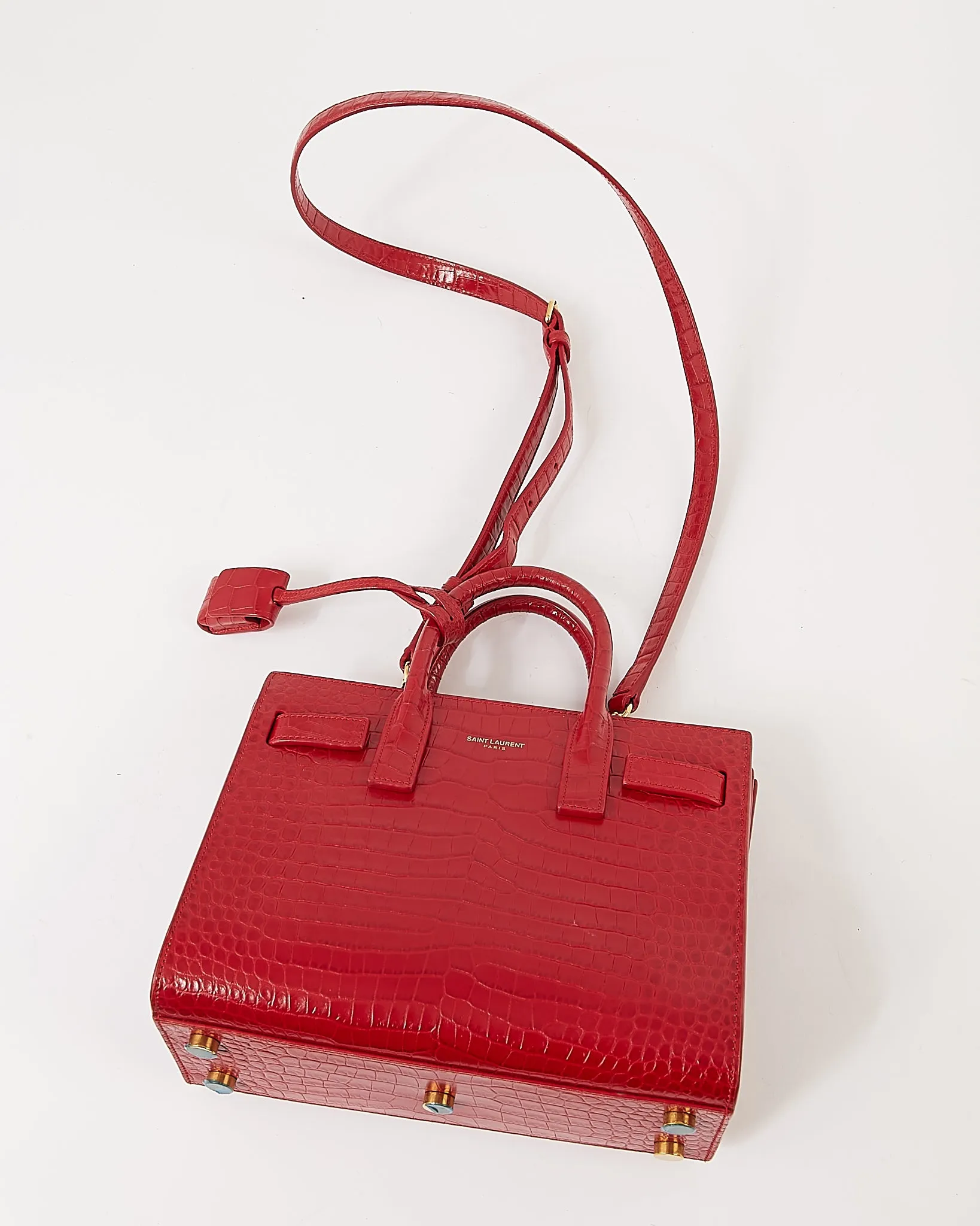Saint Laurent Red Croc Embossed Nano Sac de Jour Bag