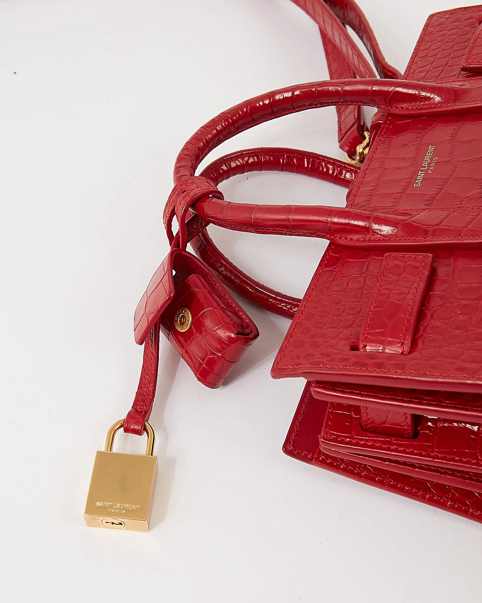 Saint Laurent Red Croc Embossed Nano Sac de Jour Bag