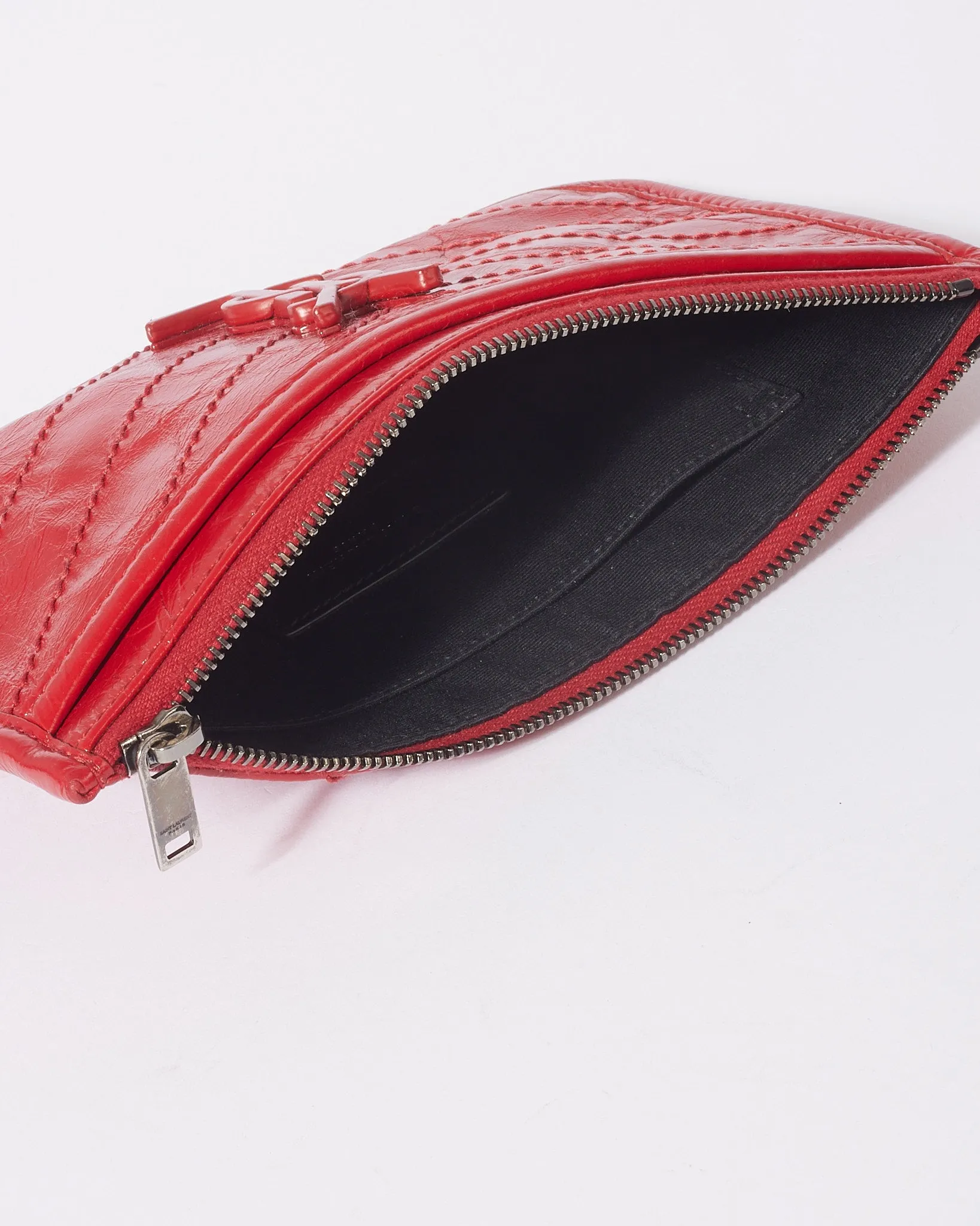 Saint Laurent Red Wrinkled Leather Monogram Niki Bill Pouch