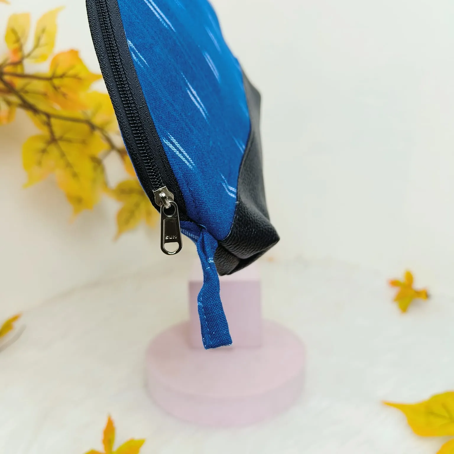Sarus Crane Series Half Moon Vanity pouch Blue Color With White Print
