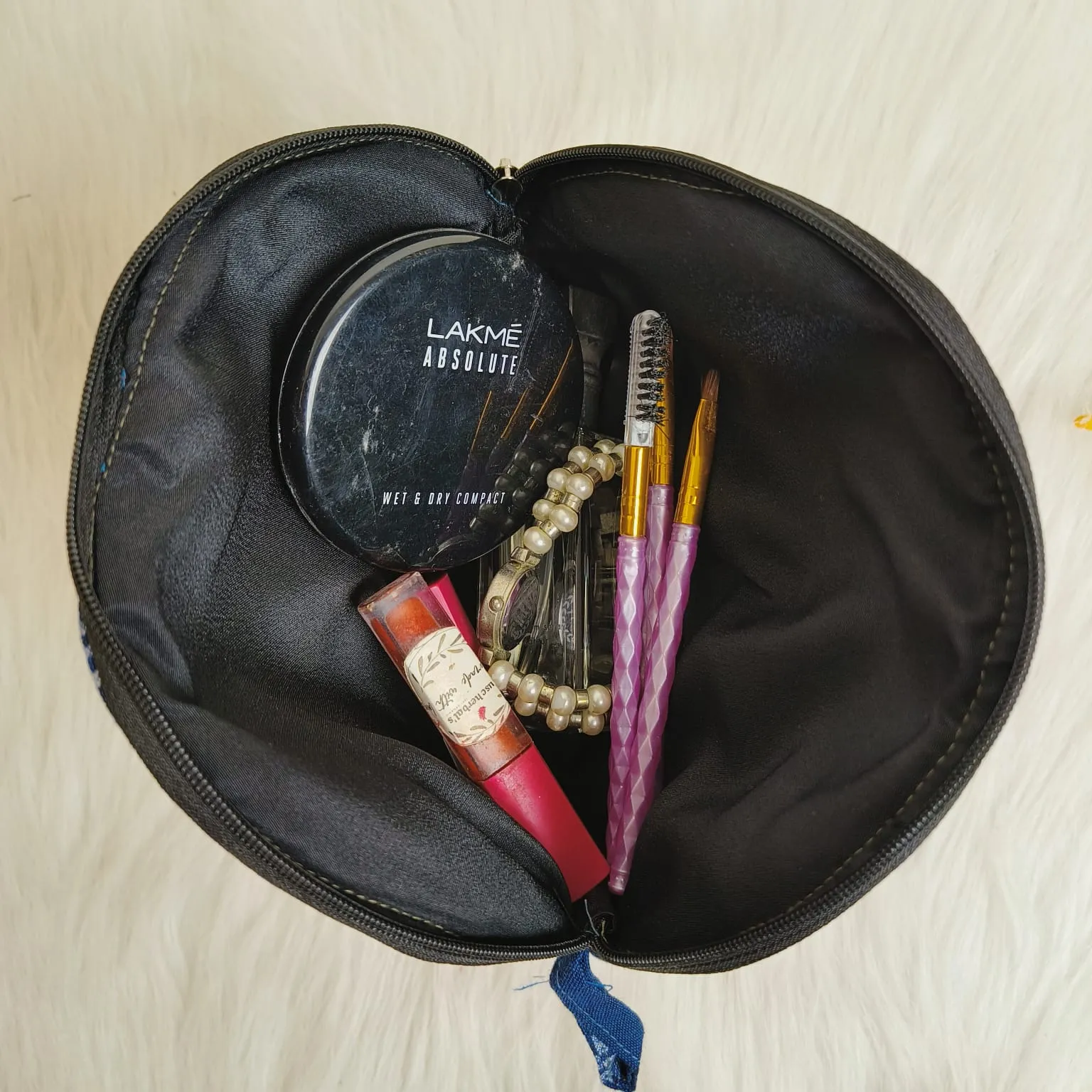 Sarus Crane Series Half Moon Vanity pouch Blue Color With White Print