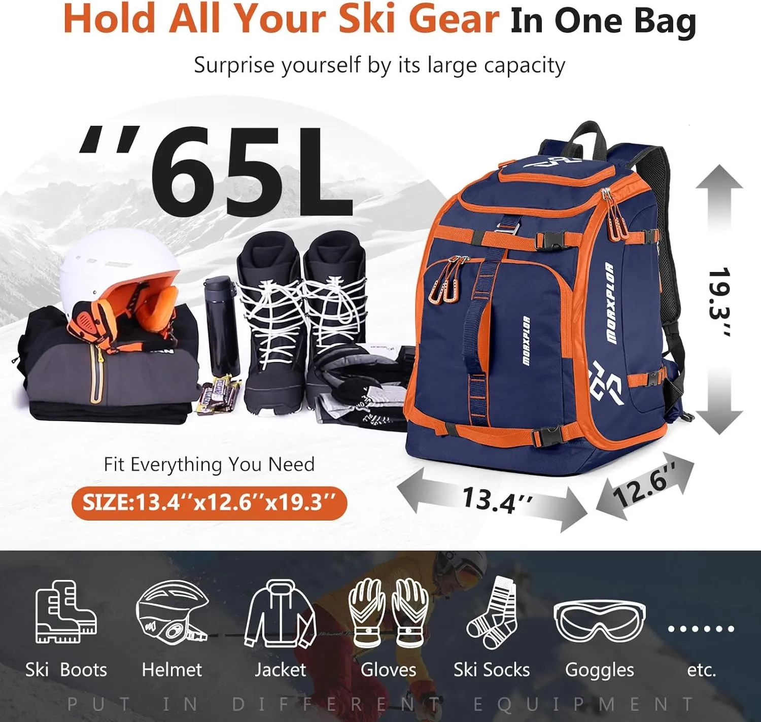 Ski Boot Bag - 65L Padded, Waterproof Ski Travel Backpack for Gear & Accessories