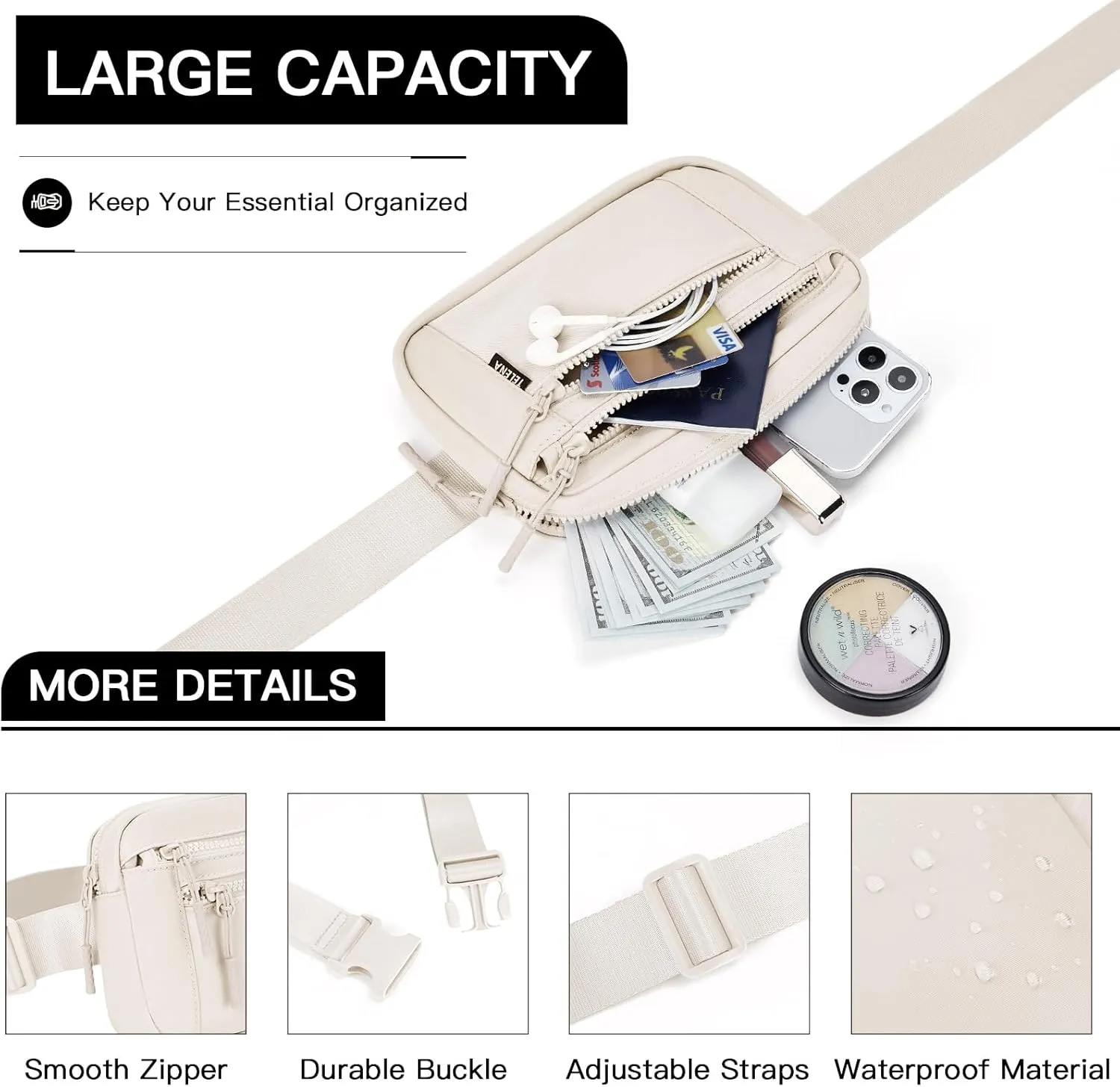 Telena Belt Bag for Women Fanny Pack Cross Body Bag Fashion Waist Pack with Adjustable Strap Beige