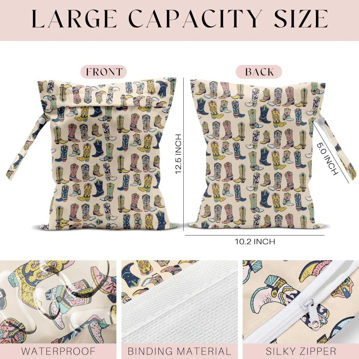 Waterproof Wet Bag for Swimsuit, Travel Beach Wet Dry Bag, Hidden Zipper Reusable Western Cowgirl Decor, for Travel Beach Wet Swimsuits Toiletries Diapers Laundry Bag
