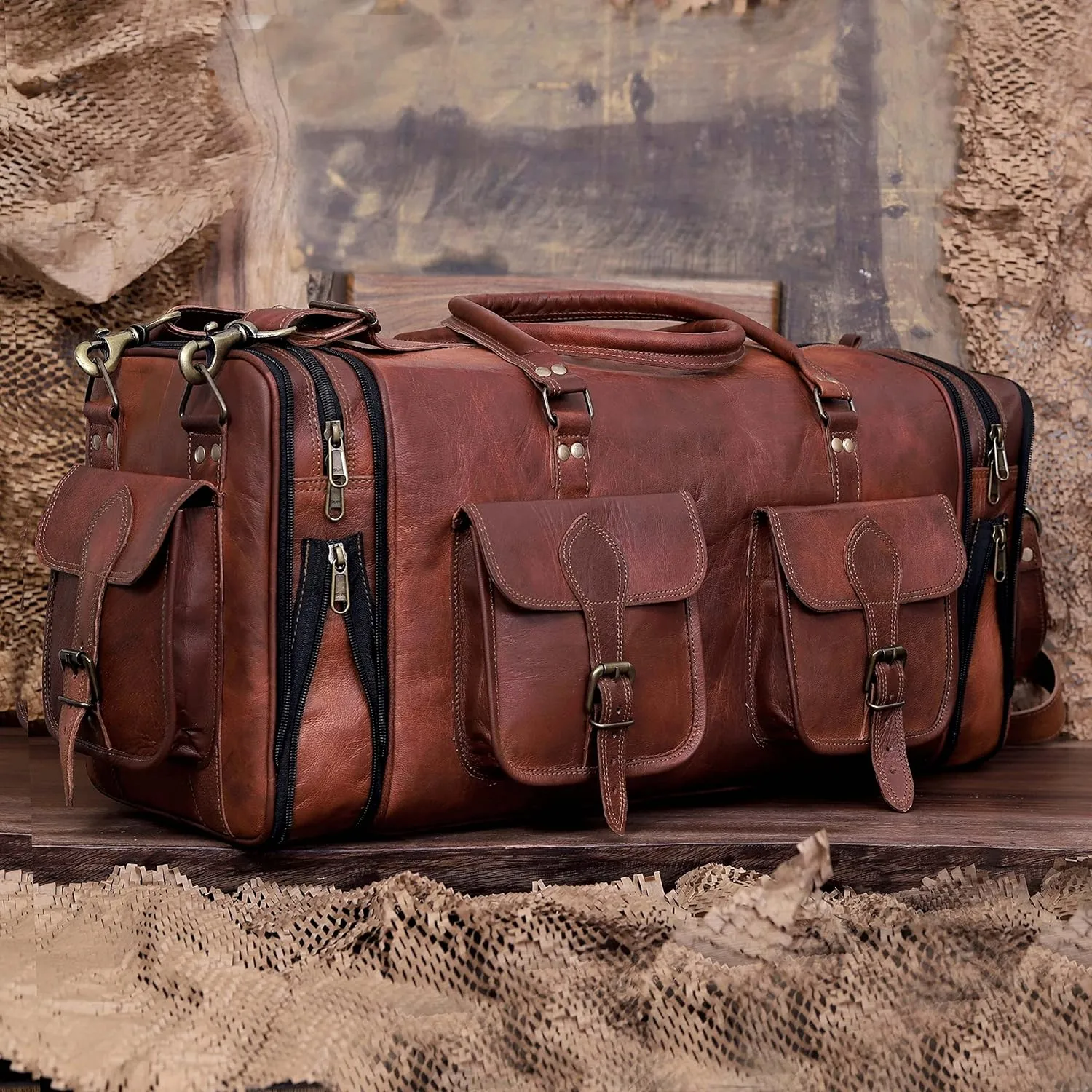 Weekender Leather Duffel Bag Overnight Women Men Girls Boys Vintage Travel Duffle with Shoulder Strap Carry On Sports Gym 20 Inch Handmade Leather Luggage Carryall Cool Gifts for Him by Cureo