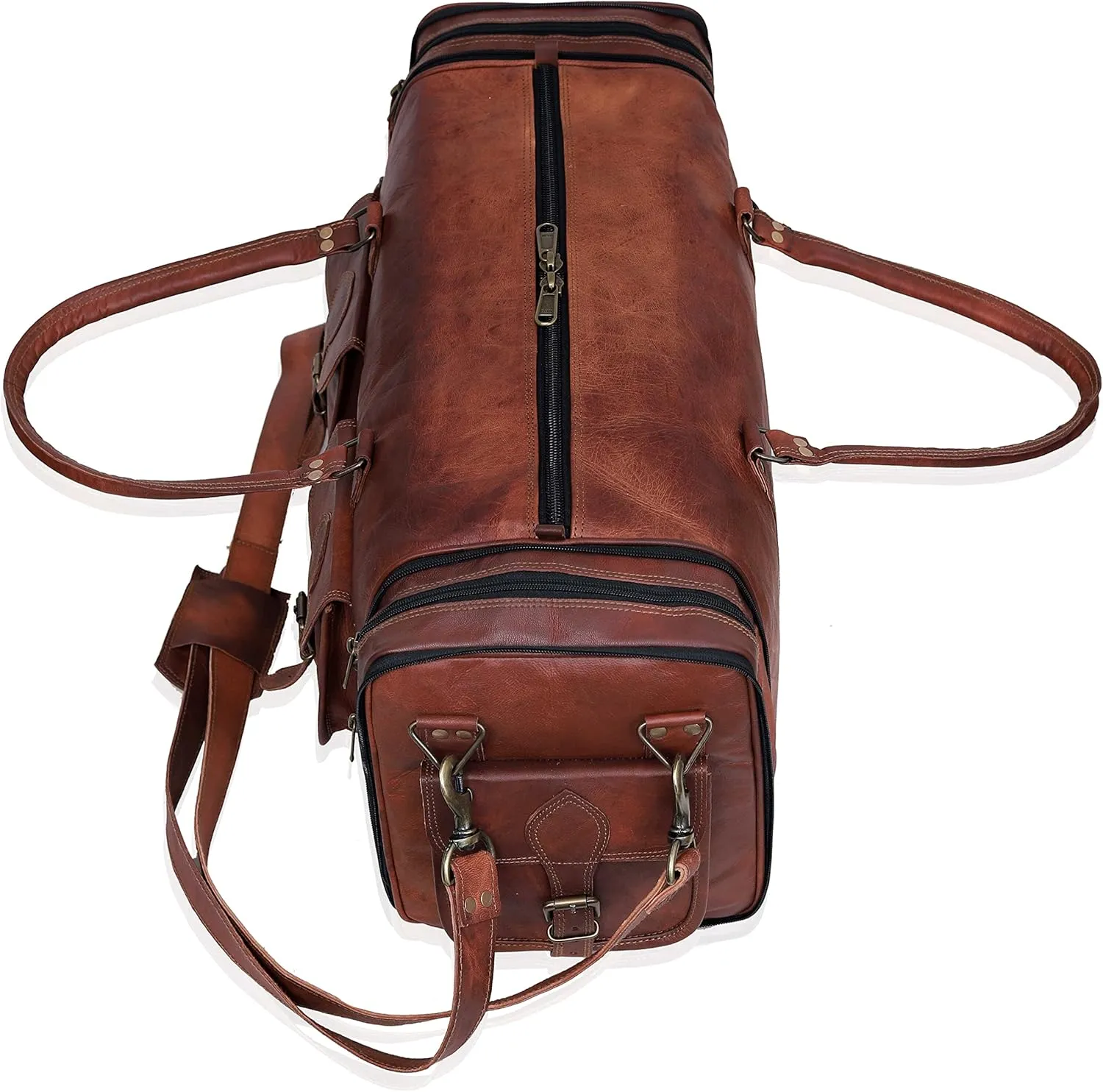 Weekender Leather Duffel Bag Overnight Women Men Girls Boys Vintage Travel Duffle with Shoulder Strap Carry On Sports Gym 20 Inch Handmade Leather Luggage Carryall Cool Gifts for Him by Cureo