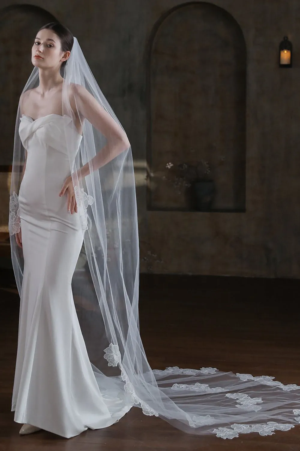 White One-Tier Long Tulle Wedding Veil with Appliques
