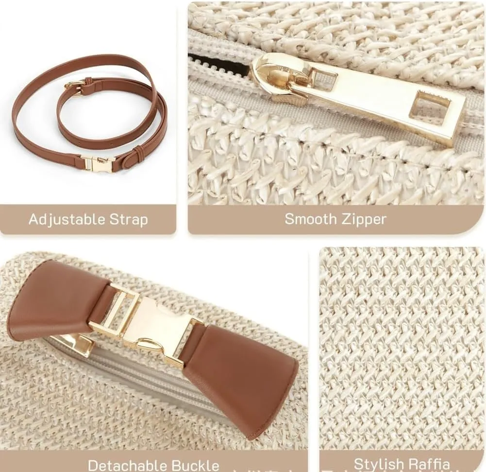 Women's Raffia Woven Crossbody Bag PU Trim Top Handle Bucket Purse Dual Straps Summer Beach Lightweight