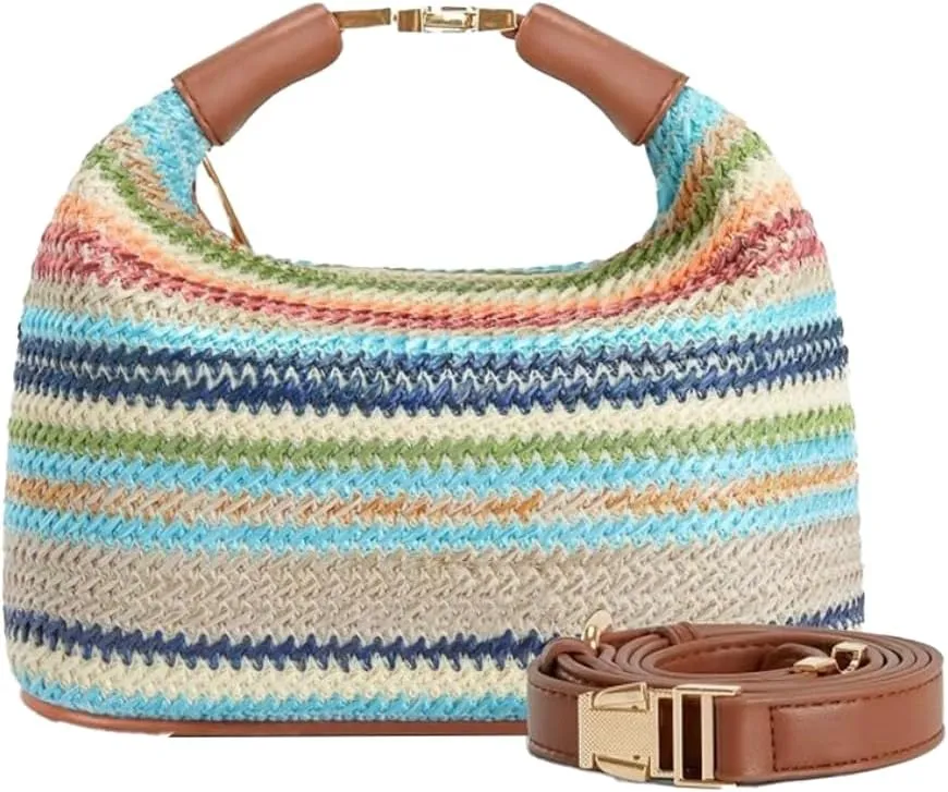 Women's Raffia Woven Crossbody Bag PU Trim Top Handle Bucket Purse Dual Straps Summer Beach Lightweight