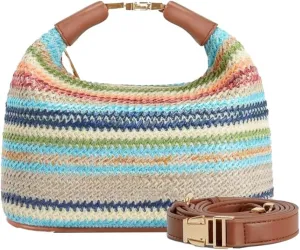 Women's Raffia Woven Crossbody Bag PU Trim Top Handle Bucket Purse Dual Straps Summer Beach Lightweight