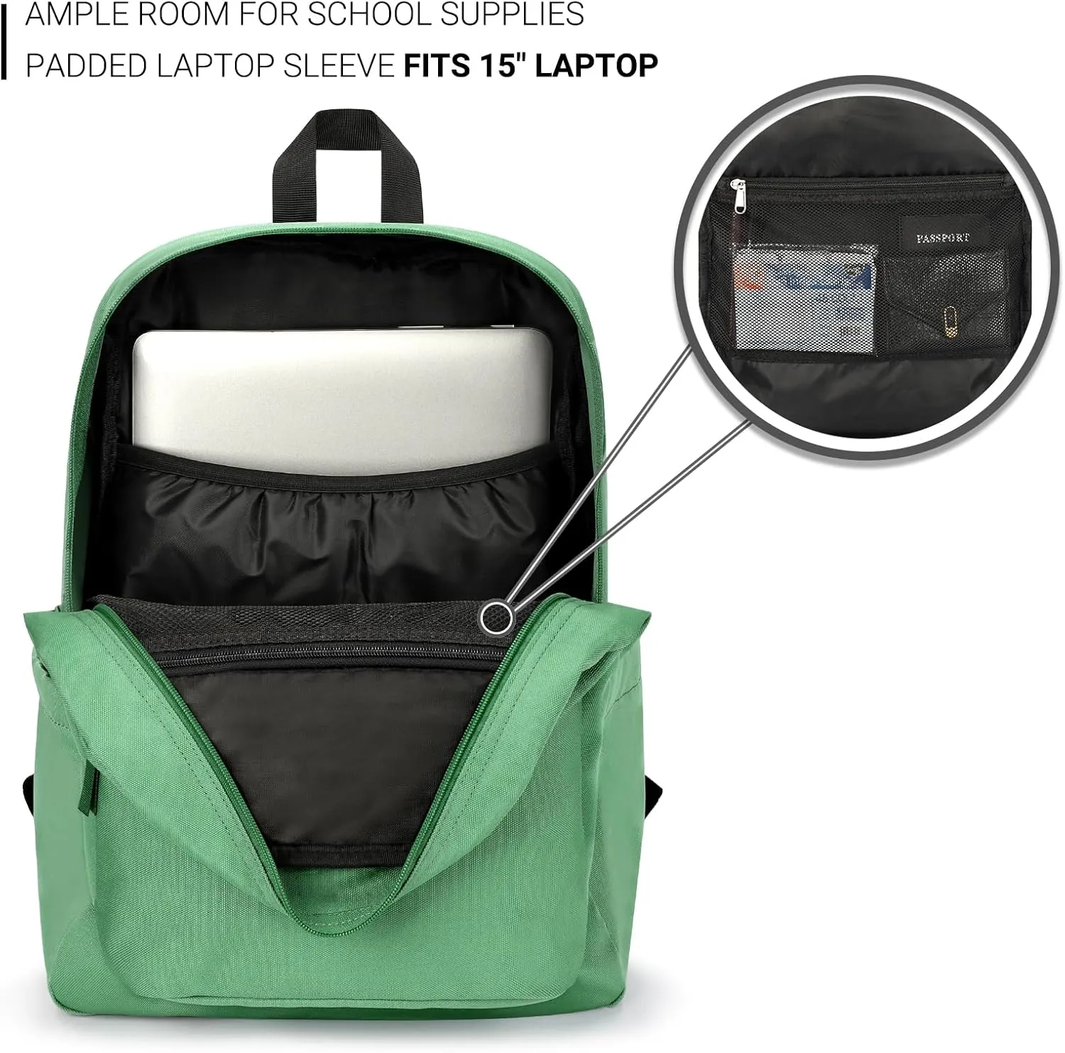 ZORFIN Basic Backpack for School Work Travel: Water Resistant Backpacks for Men and Women - Lightweight Bookbag for Girls and Boys - Green